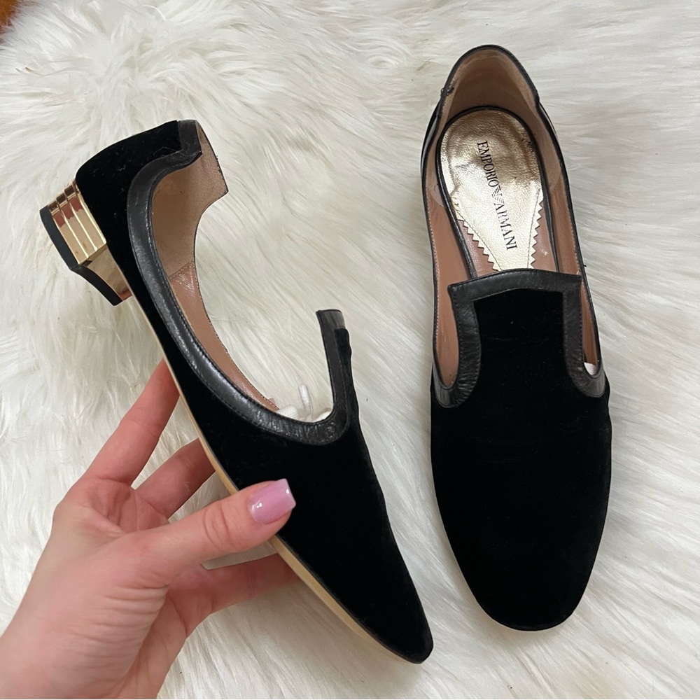 EMPORIO ARMANI Black Gold Velvet Cut Out Geometric Loafers Flats sz. 37.5